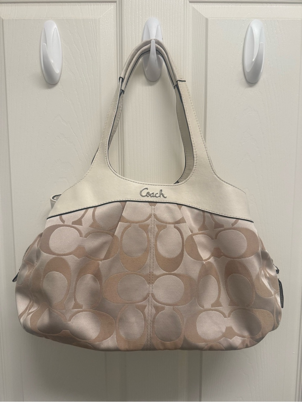 Coach Satin Signature Shoulder Bag in Beige and Cream